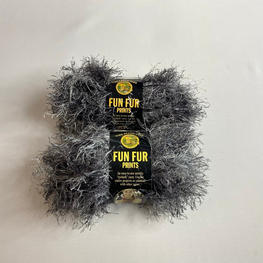 Lion Brand Fun Fur Prints Yarn 2 Skeins Lava 204 Eyelash Black Gray Discontinued
